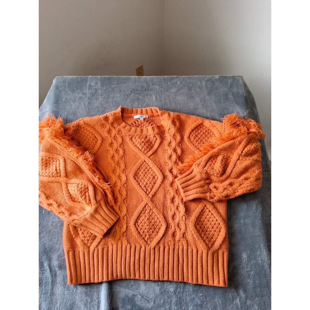 See And Be Seen Orange Cable Knit Fringe Sleeve Sweater SW6409-VC Womens Small